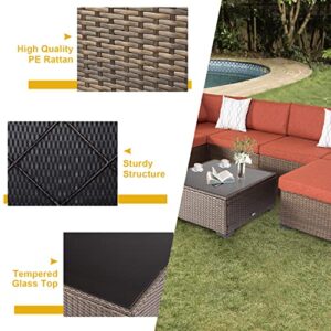 Kinfant Outdoor Furniture Patio Furniture Set - PE Rattan Wicker Conversation Set with Glass Table and Cushions, Sectional Sofa Outdoor