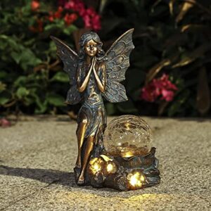 qzvanlon fairy garden statue – resin solar angel figurines garden outdoor decorations with solar crackle glass globe lights, for lawn yard patio porch, ornament gift