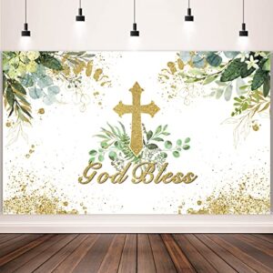 god bless baptism backdrop first holy communion party decorations christening ceremony newborn baby shower banner vintage photography background decor favors, 71” x 43” (white green)