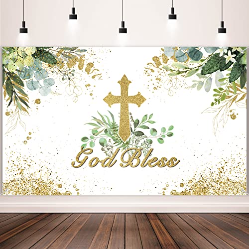 God Bless Baptism Backdrop First Holy Communion Party Decorations Christening Ceremony Newborn Baby Shower Banner Vintage Photography Background Decor Favors, 71'' x 43'' (White Green)