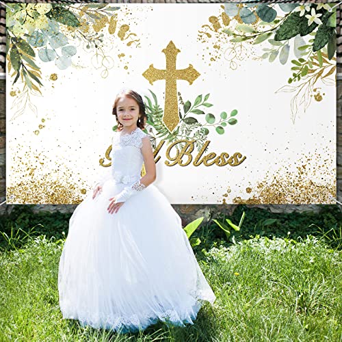 God Bless Baptism Backdrop First Holy Communion Party Decorations Christening Ceremony Newborn Baby Shower Banner Vintage Photography Background Decor Favors, 71'' x 43'' (White Green)