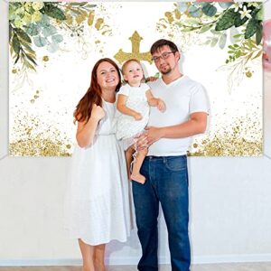 God Bless Baptism Backdrop First Holy Communion Party Decorations Christening Ceremony Newborn Baby Shower Banner Vintage Photography Background Decor Favors, 71'' x 43'' (White Green)