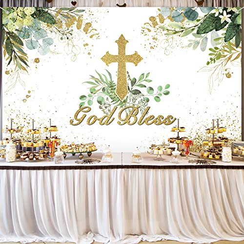 God Bless Baptism Backdrop First Holy Communion Party Decorations Christening Ceremony Newborn Baby Shower Banner Vintage Photography Background Decor Favors, 71'' x 43'' (White Green)