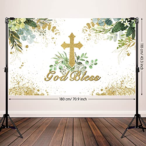 God Bless Baptism Backdrop First Holy Communion Party Decorations Christening Ceremony Newborn Baby Shower Banner Vintage Photography Background Decor Favors, 71'' x 43'' (White Green)