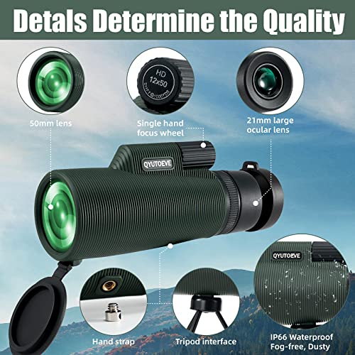 Monocular for Adults,12x50 HD Waterproof Minocular Telescope,FMC Green Film Roof Prism Design with Phone Holder Optic Instrument, High Powered Monoculars Gear for Men Gifts,for Huting, Bird Watching