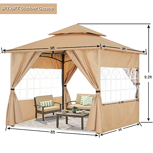 COOSHADE 8x8 Patio Gazebo with Window Curtains Gazebo Canopy Tent for Outdoor Garden Backyard Beige