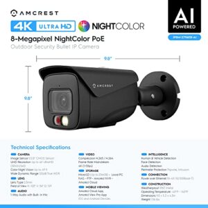 Amcrest UltraHD 4K (8MP) IP PoE AI Camera, FOV 129°, 49ft Color Nightvision, Security Outdoor Bullet Camera, Human & Vehicle Detection, Active Deterrent, 4K @15fps, IP8M-2796EB-AI (Black)