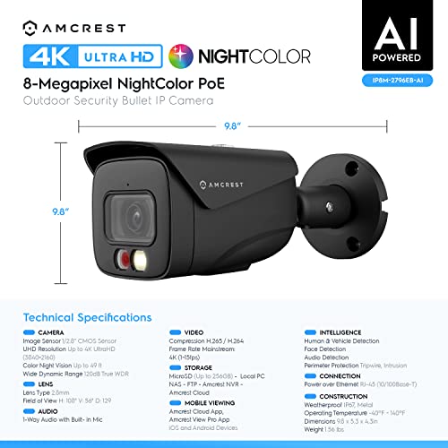 Amcrest UltraHD 4K (8MP) IP PoE AI Camera, FOV 129°, 49ft Color Nightvision, Security Outdoor Bullet Camera, Human & Vehicle Detection, Active Deterrent, 4K @15fps, IP8M-2796EB-AI (Black)