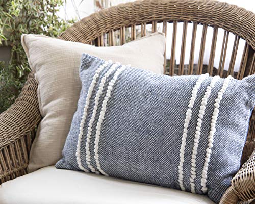 Foreside Home & Garden FIPL09784 Blue Decorative Hand Woven 14x22 Outdoor Throw Pillow with Pulled Curly Yarn Accents