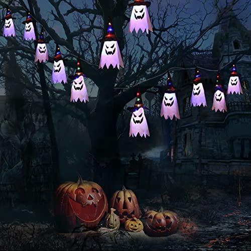 BVPKTO Halloween Decorations, 5-Pack LED Lantern String Lights, Wizard Hat Ghost Hanging Lights, Spooky Atmosphere Halloween Party Decorations for Indoor Porches or Patio Gardens (Ghost)