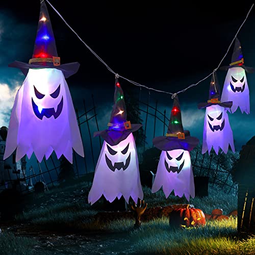 BVPKTO Halloween Decorations, 5-Pack LED Lantern String Lights, Wizard Hat Ghost Hanging Lights, Spooky Atmosphere Halloween Party Decorations for Indoor Porches or Patio Gardens (Ghost)