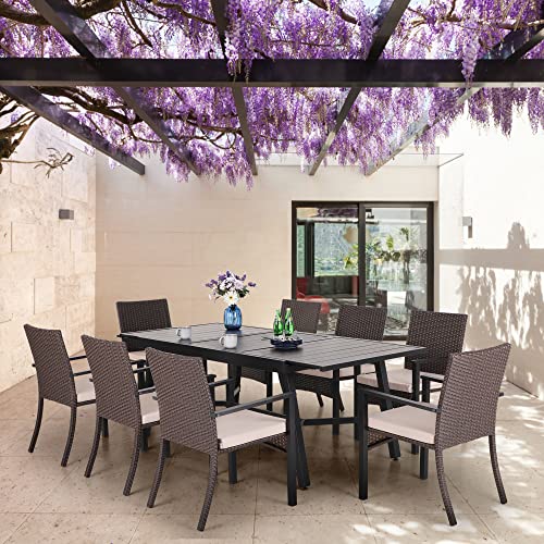 MFSTUDIO 9 Pieces Outdoor Patio Dining Set,Patio Furniture Set with Rectangular Extendable Metal Table and 8 Rattan Wicker Chairs,Beige Cushion Balcony,Garden,Backyard,Poolside