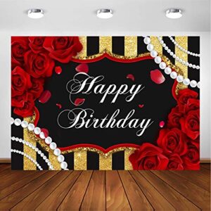 avezano red rose birthday backdrop for girls woman party decorations red roses floral pearl black and gold stripes happy birthday party banner photoshoot photography background party supplies (7x5ft)