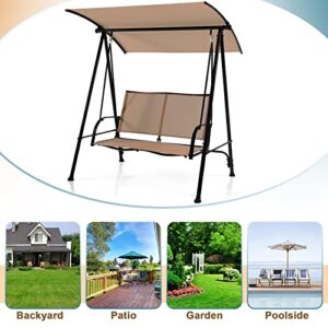 Tangkula 2 Person Porch Swing, Patio Swing with Adjustable Canopy, Comfortable Fabric Seat & Heavy-Duty Steel Frame, Outdoor Canopy Swing for Patio, Garden, Poolside (Beige)