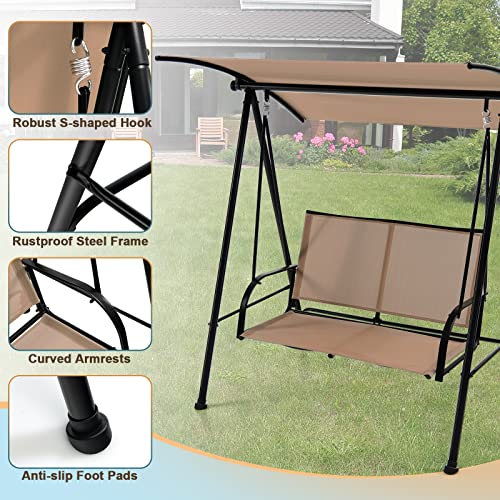 Tangkula 2 Person Porch Swing, Patio Swing with Adjustable Canopy, Comfortable Fabric Seat & Heavy-Duty Steel Frame, Outdoor Canopy Swing for Patio, Garden, Poolside (Beige)