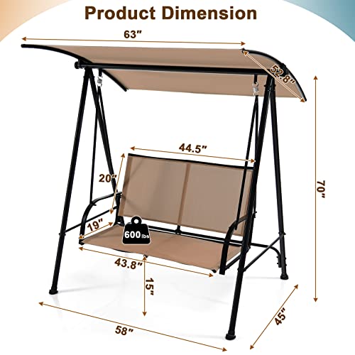 Tangkula 2 Person Porch Swing, Patio Swing with Adjustable Canopy, Comfortable Fabric Seat & Heavy-Duty Steel Frame, Outdoor Canopy Swing for Patio, Garden, Poolside (Beige)