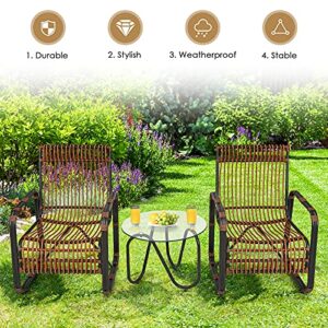 RELAX4LIFE 3-Piece Patio Conversation Set - PE Wicker Bistro Set with 2 Single Chairs & Tempered Glass Coffee Table, Outdoor Furniture Set for Garden, Backyard, Poolside, Lawn