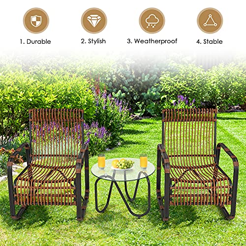 RELAX4LIFE 3-Piece Patio Conversation Set - PE Wicker Bistro Set with 2 Single Chairs & Tempered Glass Coffee Table, Outdoor Furniture Set for Garden, Backyard, Poolside, Lawn