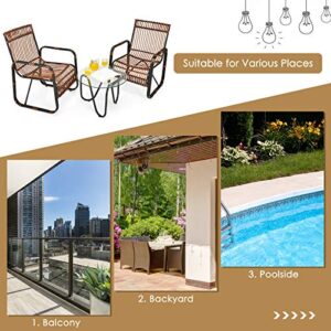 RELAX4LIFE 3-Piece Patio Conversation Set - PE Wicker Bistro Set with 2 Single Chairs & Tempered Glass Coffee Table, Outdoor Furniture Set for Garden, Backyard, Poolside, Lawn