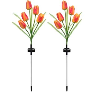 thafikzi solar garden lights, outdoor solar powered tulip flower lights with 5 tulip flowers, variable colors waterproof solar decorative led lights for garden, patio, backyard (2 pack orange red)