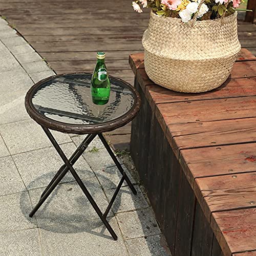 PHI VILLA Outdoor Side Tables-Foldable Patio Rattan Table with Tempered Glass Table Top and High-Strength Thickened Iron Pipe Bracket for Patio Outdoor Sofa and Chair in Garden,2 Pack