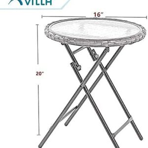 PHI VILLA Outdoor Side Tables-Foldable Patio Rattan Table with Tempered Glass Table Top and High-Strength Thickened Iron Pipe Bracket for Patio Outdoor Sofa and Chair in Garden,2 Pack