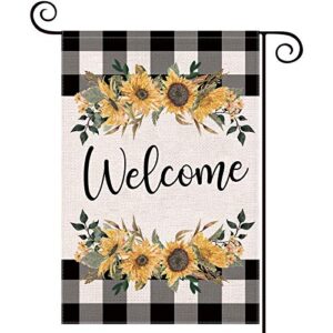 larmoy spring summer welcome garden flag for outdoor,12×18 double sided black and white buffalo plaid with sunflowers,small yard flags for all seasons,seasonal farmhouse outside holiday decor