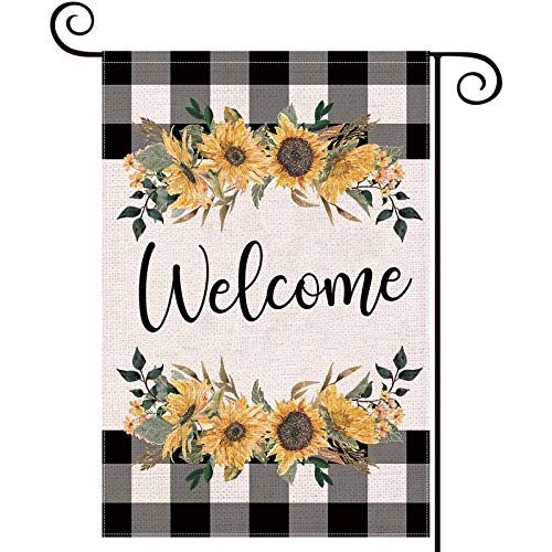 LARMOY Spring Summer Welcome Garden Flag for Outdoor,12×18 Double Sided Black and White Buffalo Plaid with Sunflowers,Small Yard Flags for All Seasons,Seasonal Farmhouse Outside Holiday Decor