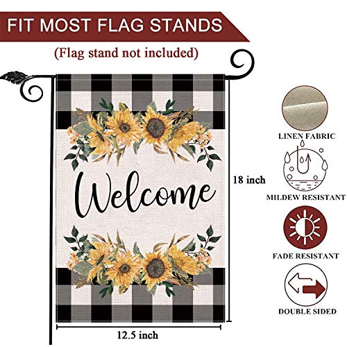 LARMOY Spring Summer Welcome Garden Flag for Outdoor,12×18 Double Sided Black and White Buffalo Plaid with Sunflowers,Small Yard Flags for All Seasons,Seasonal Farmhouse Outside Holiday Decor