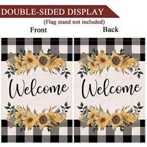 LARMOY Spring Summer Welcome Garden Flag for Outdoor,12×18 Double Sided Black and White Buffalo Plaid with Sunflowers,Small Yard Flags for All Seasons,Seasonal Farmhouse Outside Holiday Decor