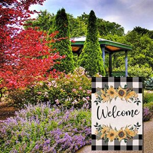 LARMOY Spring Summer Welcome Garden Flag for Outdoor,12×18 Double Sided Black and White Buffalo Plaid with Sunflowers,Small Yard Flags for All Seasons,Seasonal Farmhouse Outside Holiday Decor