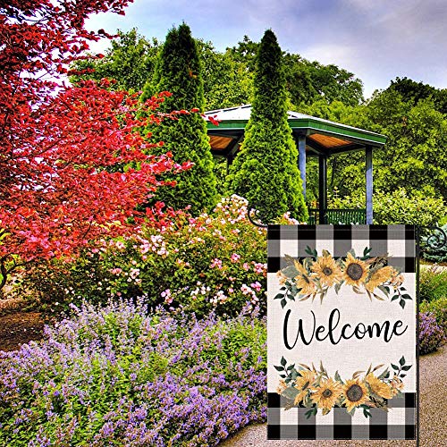 LARMOY Spring Summer Welcome Garden Flag for Outdoor,12×18 Double Sided Black and White Buffalo Plaid with Sunflowers,Small Yard Flags for All Seasons,Seasonal Farmhouse Outside Holiday Decor