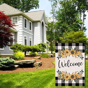 LARMOY Spring Summer Welcome Garden Flag for Outdoor,12×18 Double Sided Black and White Buffalo Plaid with Sunflowers,Small Yard Flags for All Seasons,Seasonal Farmhouse Outside Holiday Decor