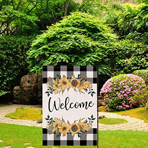 LARMOY Spring Summer Welcome Garden Flag for Outdoor,12×18 Double Sided Black and White Buffalo Plaid with Sunflowers,Small Yard Flags for All Seasons,Seasonal Farmhouse Outside Holiday Decor