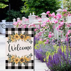 LARMOY Spring Summer Welcome Garden Flag for Outdoor,12×18 Double Sided Black and White Buffalo Plaid with Sunflowers,Small Yard Flags for All Seasons,Seasonal Farmhouse Outside Holiday Decor