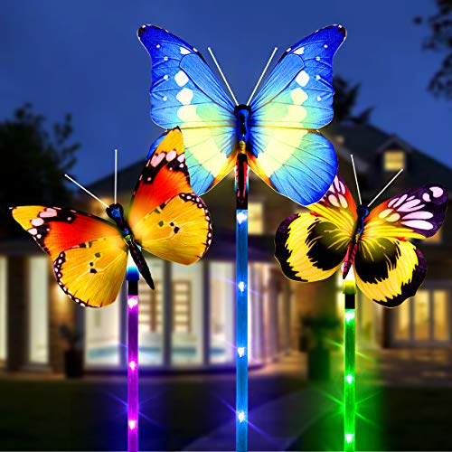 Solar Lights Outdoor, 3 Pack Waterproof Solar Garden Lights, Multi-Color Changing Solar Butterfly Lights for Outdoor Path, Yard, Lawn