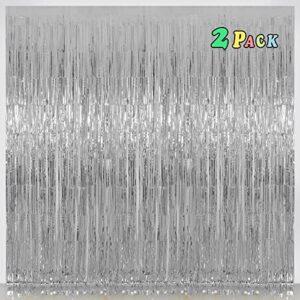 silver backdrop curtains for parties, melsan 3.2 x 8 ft foil fringe curtains backdrop for birthday,engagement,new year eve, disco party backdrop decorations, pack of 2