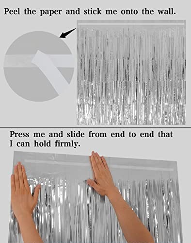 Silver Backdrop Curtains for Parties, Melsan 3.2 x 8 ft Foil Fringe Curtains Backdrop for Birthday,Engagement,New Year Eve, Disco Party Backdrop Decorations, Pack of 2