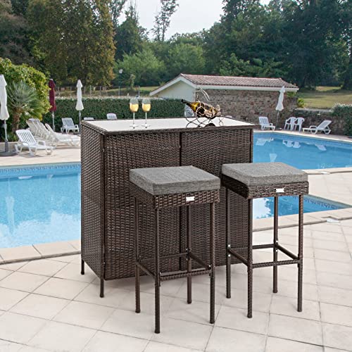 Bonnlo 3PCS Wicker Patio Bar Set with Stools and Glass Top Table Outdoor Furniture Bar Set with Storage for Lawn Pool Backyard Garden, Front Porch(Grey)