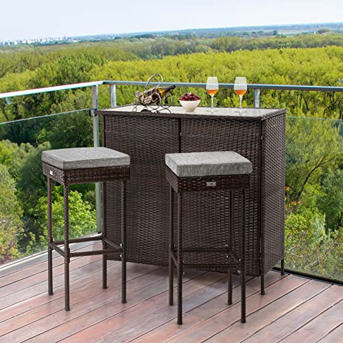 Bonnlo 3PCS Wicker Patio Bar Set with Stools and Glass Top Table Outdoor Furniture Bar Set with Storage for Lawn Pool Backyard Garden, Front Porch(Grey)