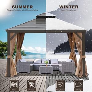 NOBLEMOOD 12' x 12' Outdoor Aluminum Hardtop Gazebo - Patio Double Roof Galvanized Permanent Metal Gazebos with Curtain and Netting for Backyard Deck Garden(Brown)