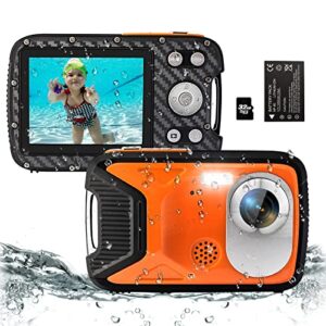 yeein 16ft waterproof digital camera 30mp underwater camera with 32g card and rechargeable battery, 18x zoom point and shoot camera for boys girls children teens snorkeling swimming vacation(orange)
