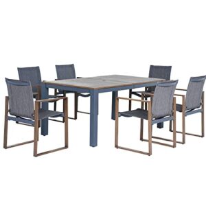 grand patio 7 pieces patio dining sets, faux wood grain aluminum outdoor furniture sets with 6 stackable chairs and 1 rectangular table with umbrella hole for backyard garden patio