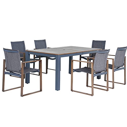 Grand patio 7 Pieces Patio Dining Sets, Faux Wood Grain Aluminum Outdoor Furniture Sets with 6 Stackable Chairs and 1 Rectangular Table with Umbrella Hole for Backyard Garden Patio