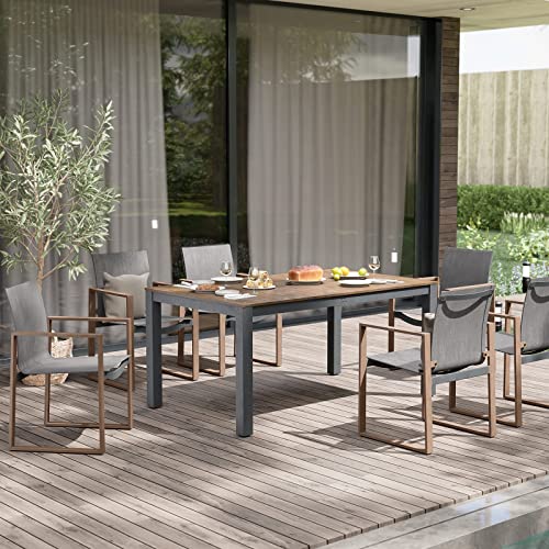 Grand patio 7 Pieces Patio Dining Sets, Faux Wood Grain Aluminum Outdoor Furniture Sets with 6 Stackable Chairs and 1 Rectangular Table with Umbrella Hole for Backyard Garden Patio