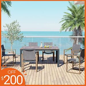 Grand patio 7 Pieces Patio Dining Sets, Faux Wood Grain Aluminum Outdoor Furniture Sets with 6 Stackable Chairs and 1 Rectangular Table with Umbrella Hole for Backyard Garden Patio