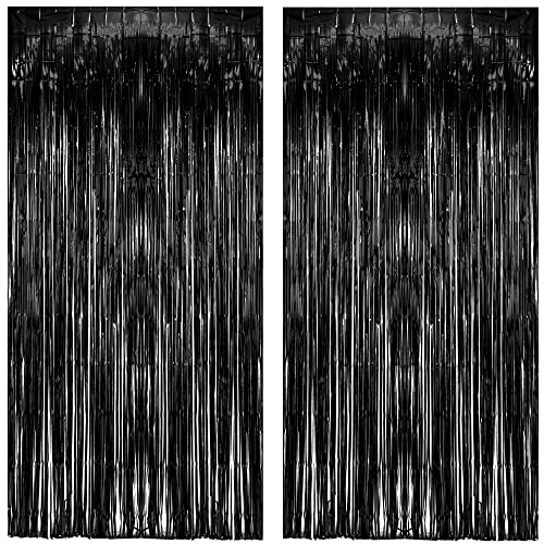 Black Tinsel Foil Fringe Curtain - GREATRIL Tinsel Curtain Party Backdrop Streamers for Wizard Birthday/Stranger Theme/Halloween/Graduation/Doorway/Christmas Party Decorations 2 Pack