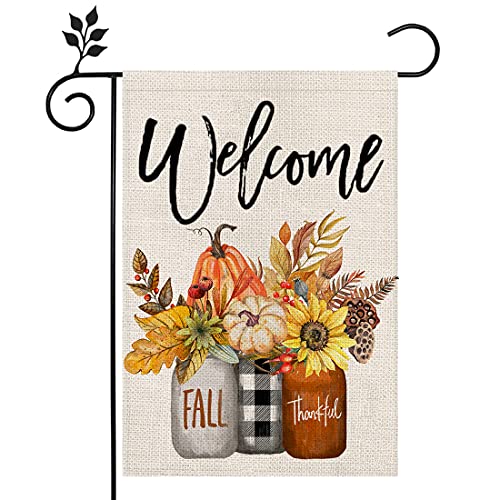 CROWNED BEAUTY Fall Welcome Garden Flag Floral Thankful 12×18 Inch Double Sided Vertical Rustic Farmhouse Yard Seasonal Holiday Outdoor Decor CF234-12