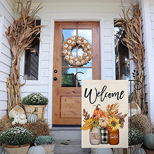 CROWNED BEAUTY Fall Welcome Garden Flag Floral Thankful 12×18 Inch Double Sided Vertical Rustic Farmhouse Yard Seasonal Holiday Outdoor Decor CF234-12