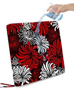 red white outdoor waterproof cushion chair cover set of 2, abstract black chrysanthemum flower patio furniture sofa couch seat cushions protector slipcover with ties, 20”x18”x4”